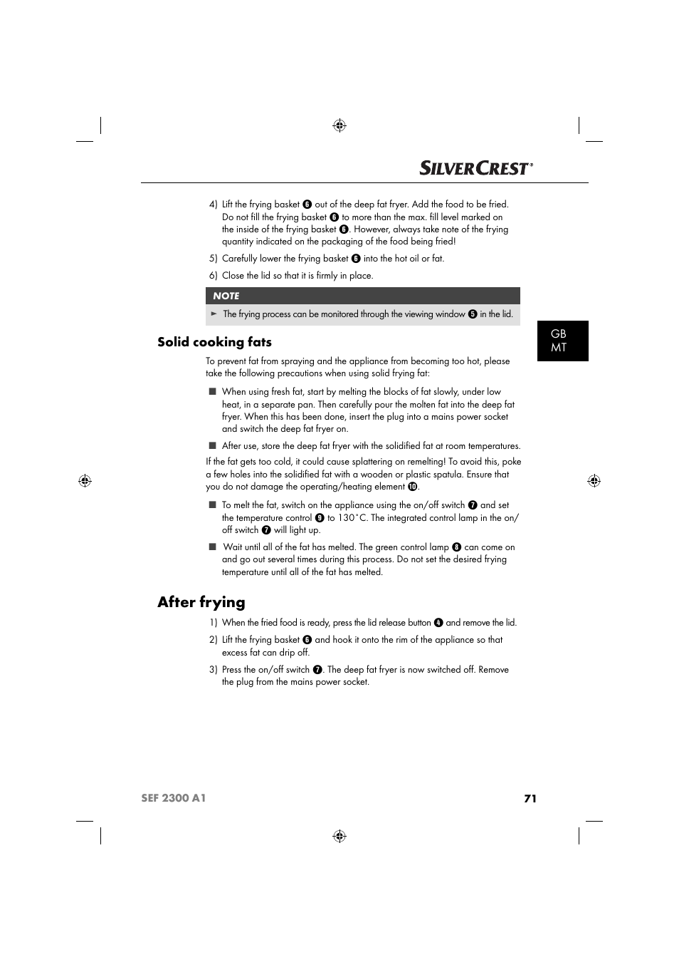 After frying, Solid cooking fats, Gb mt | Silvercrest SEF 2300 A1 User Manual | Page 74 / 104