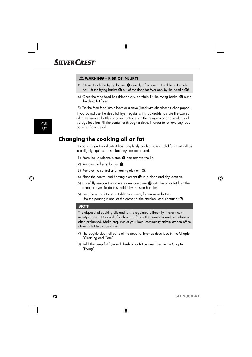 Changing the cooking oil or fat, Gb mt | Silvercrest SEF 2300 A1 User Manual | Page 75 / 104