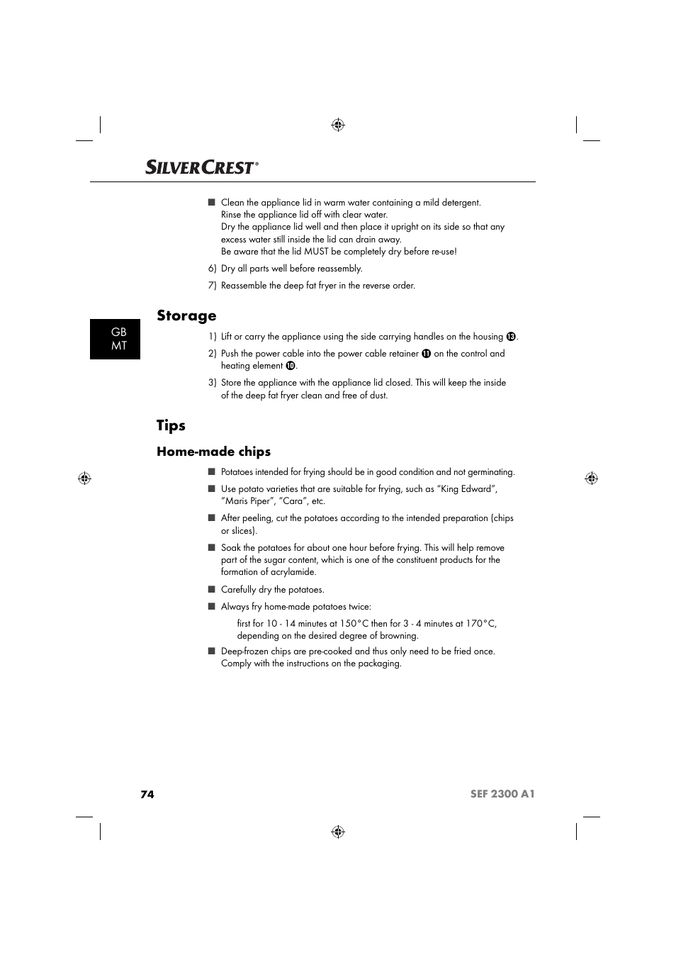 Storage, Tips, Home-made chips | Gb mt | Silvercrest SEF 2300 A1 User Manual | Page 77 / 104