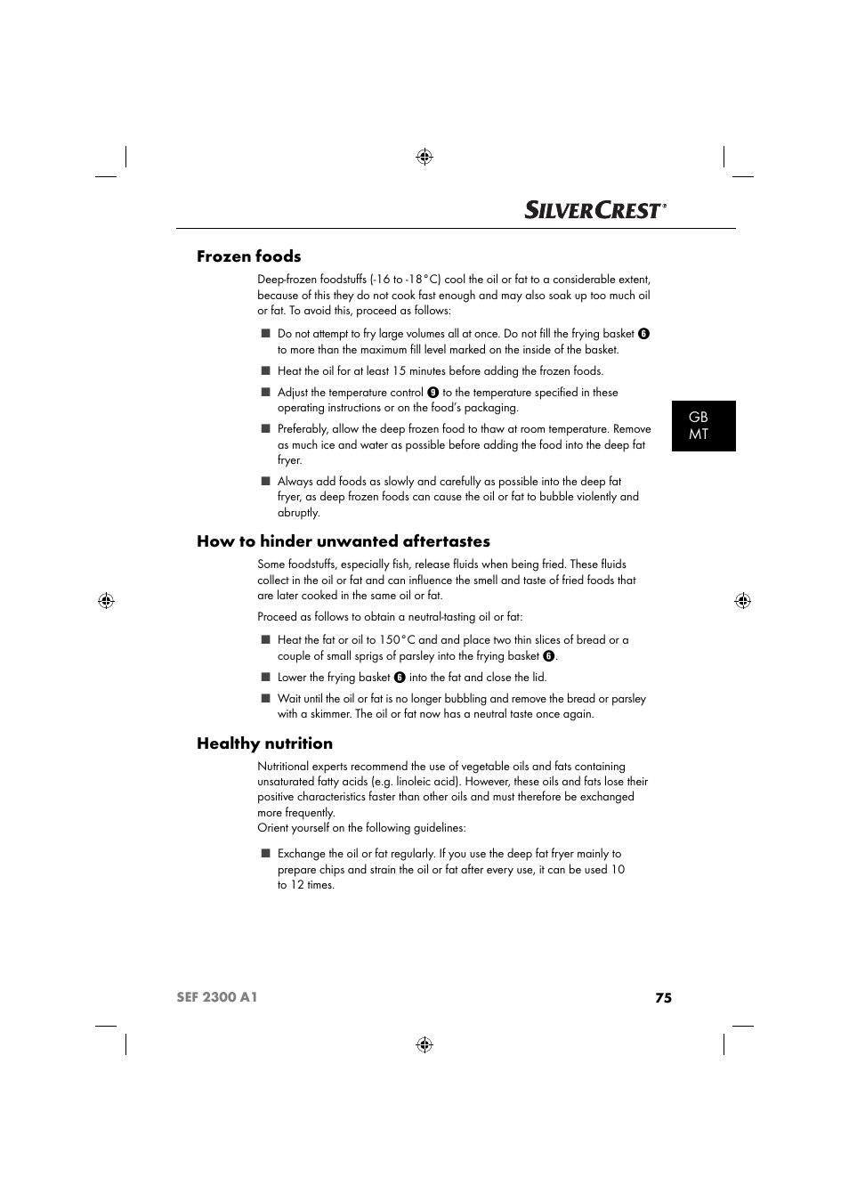 Frozen foods, How to hinder unwanted aftertastes, Healthy nutrition | Gb mt | Silvercrest SEF 2300 A1 User Manual | Page 78 / 104