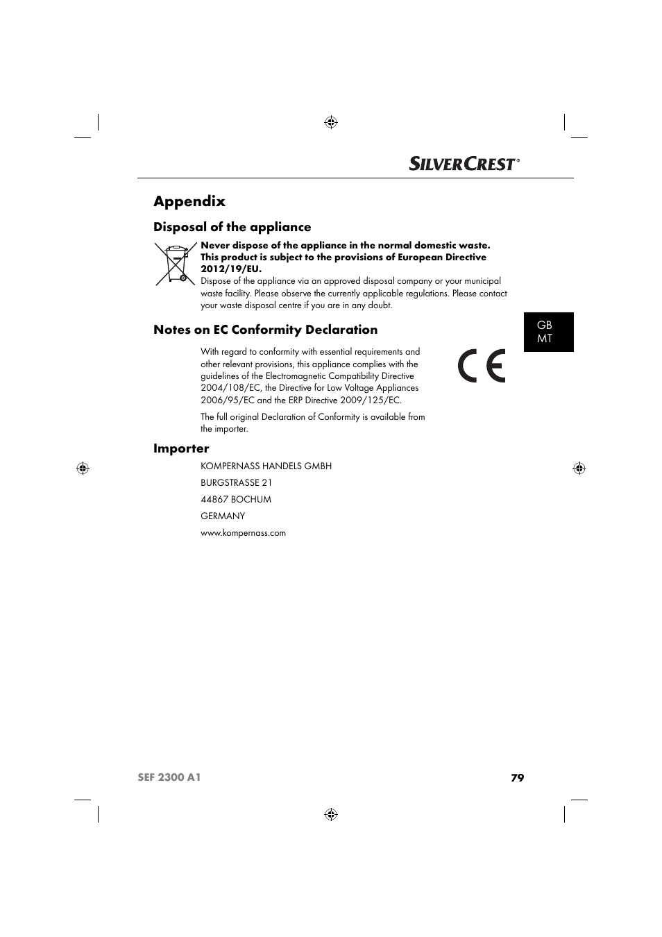 Appendix, Disposal of the appliance, Importer | Gb mt | Silvercrest SEF 2300 A1 User Manual | Page 82 / 104