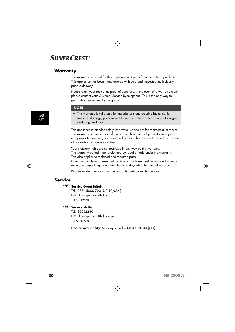 Warranty, Service, Gb mt | Silvercrest SEF 2300 A1 User Manual | Page 83 / 104