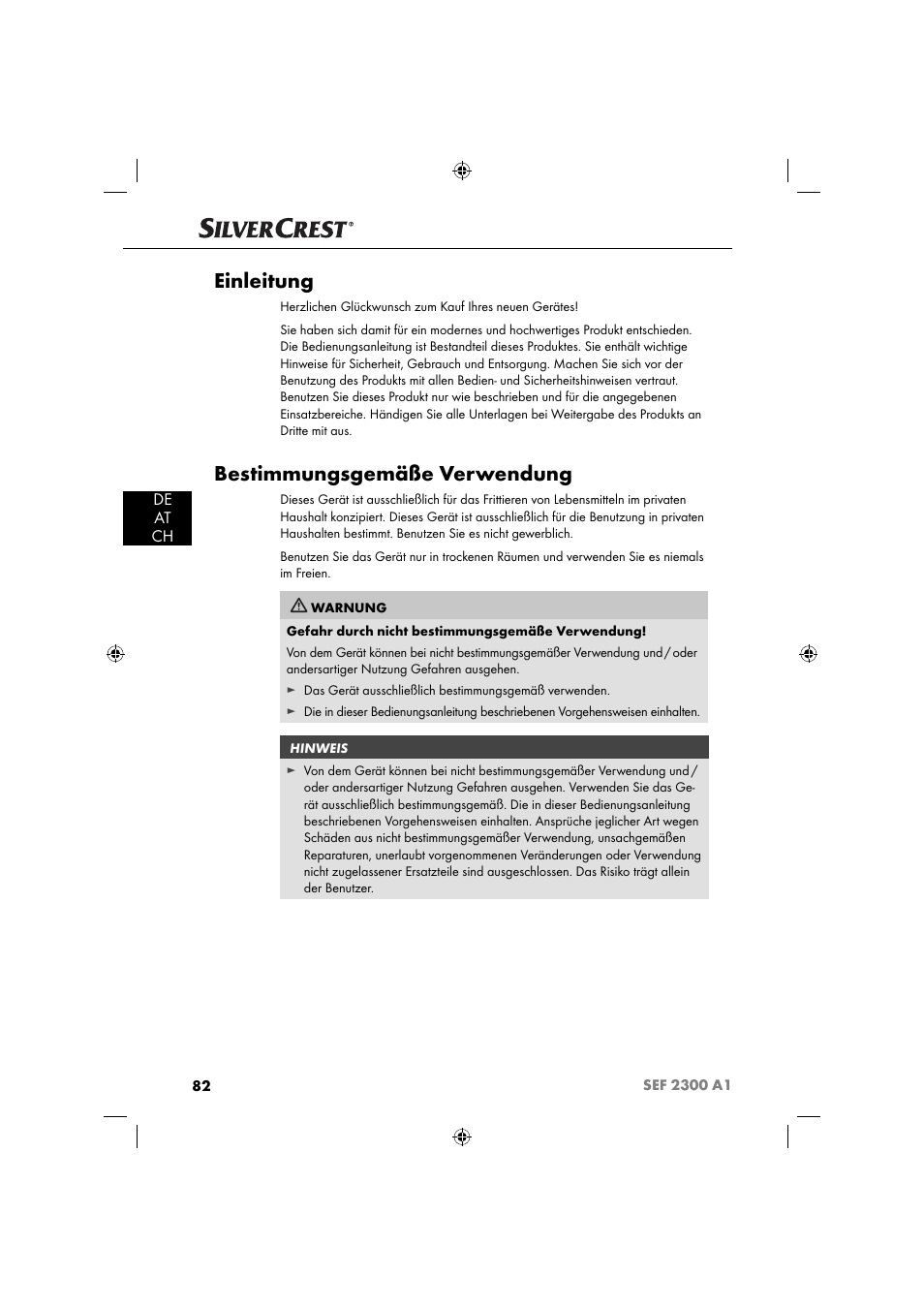 Einleitung, Bestimmungsgemäße verwendung, De at ch | Silvercrest SEF 2300 A1 User Manual | Page 85 / 104