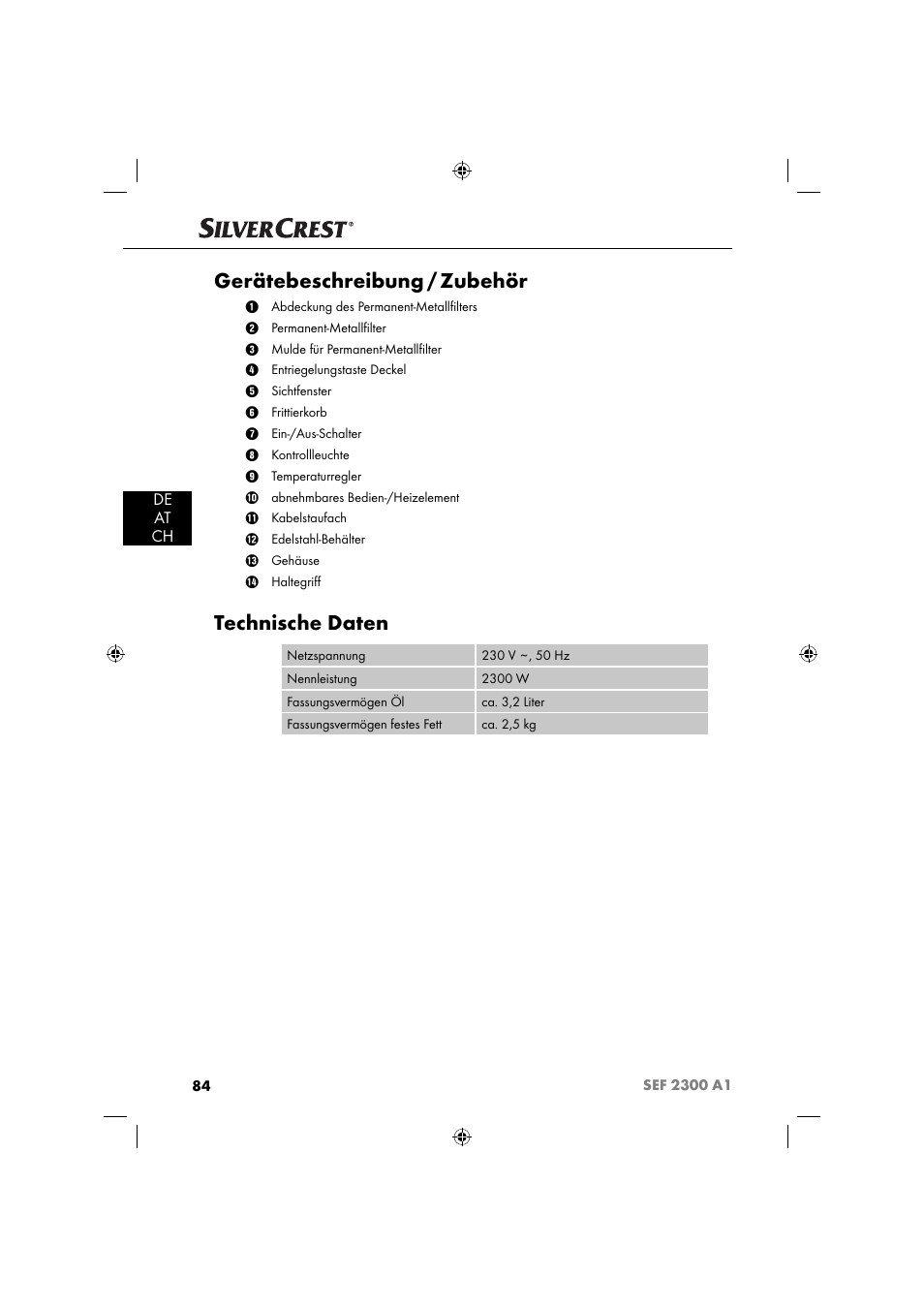 Gerätebeschreibung / zubehör, Technische daten, De at ch | Silvercrest SEF 2300 A1 User Manual | Page 87 / 104