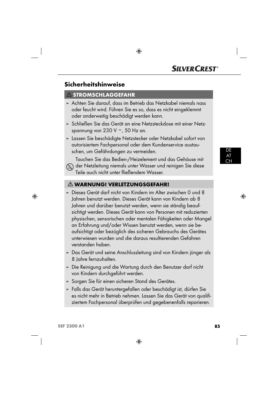 Sicherheitshinweise, Stromschlaggefahr, Sorgen sie für einen sicheren stand des gerätes | Silvercrest SEF 2300 A1 User Manual | Page 88 / 104