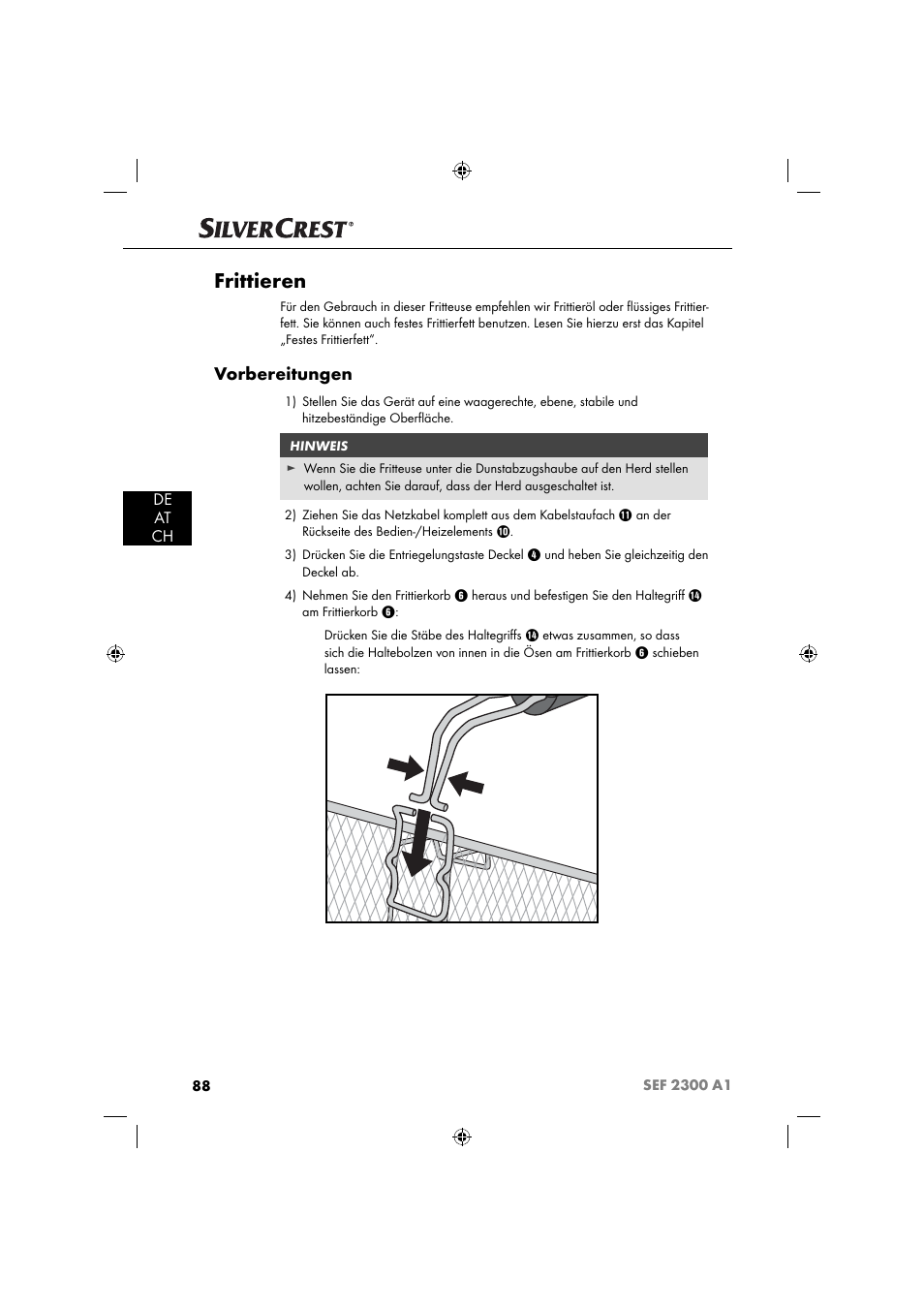 Frittieren, Vorbereitungen, De at ch | Silvercrest SEF 2300 A1 User Manual | Page 91 / 104