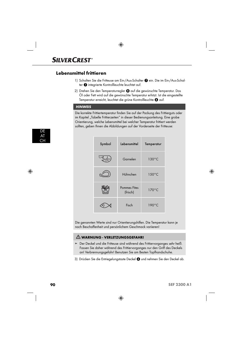 Lebensmittel frittieren, De at ch | Silvercrest SEF 2300 A1 User Manual | Page 93 / 104