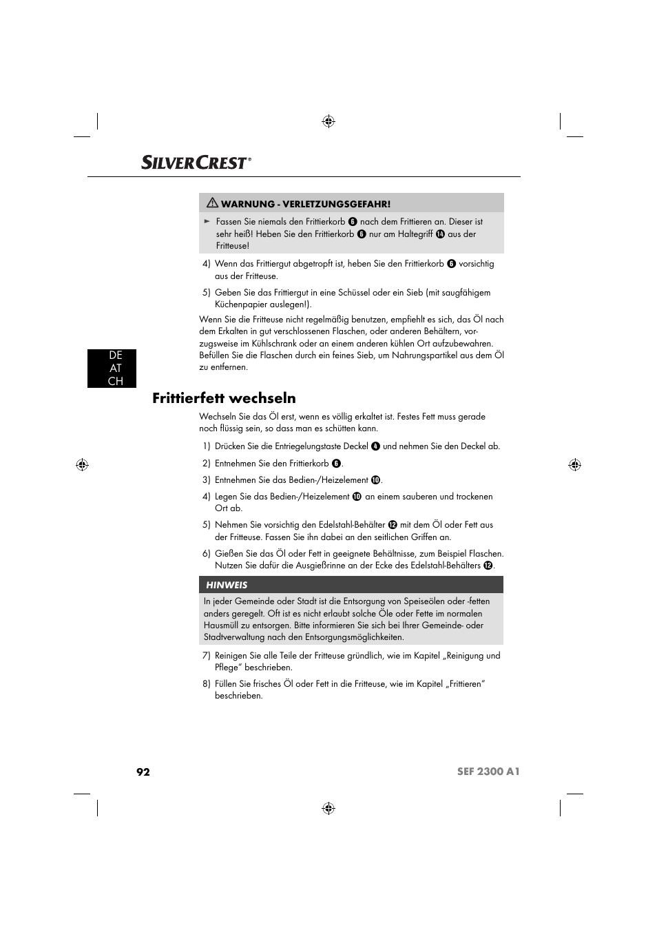 Frittierfett wechseln, De at ch | Silvercrest SEF 2300 A1 User Manual | Page 95 / 104