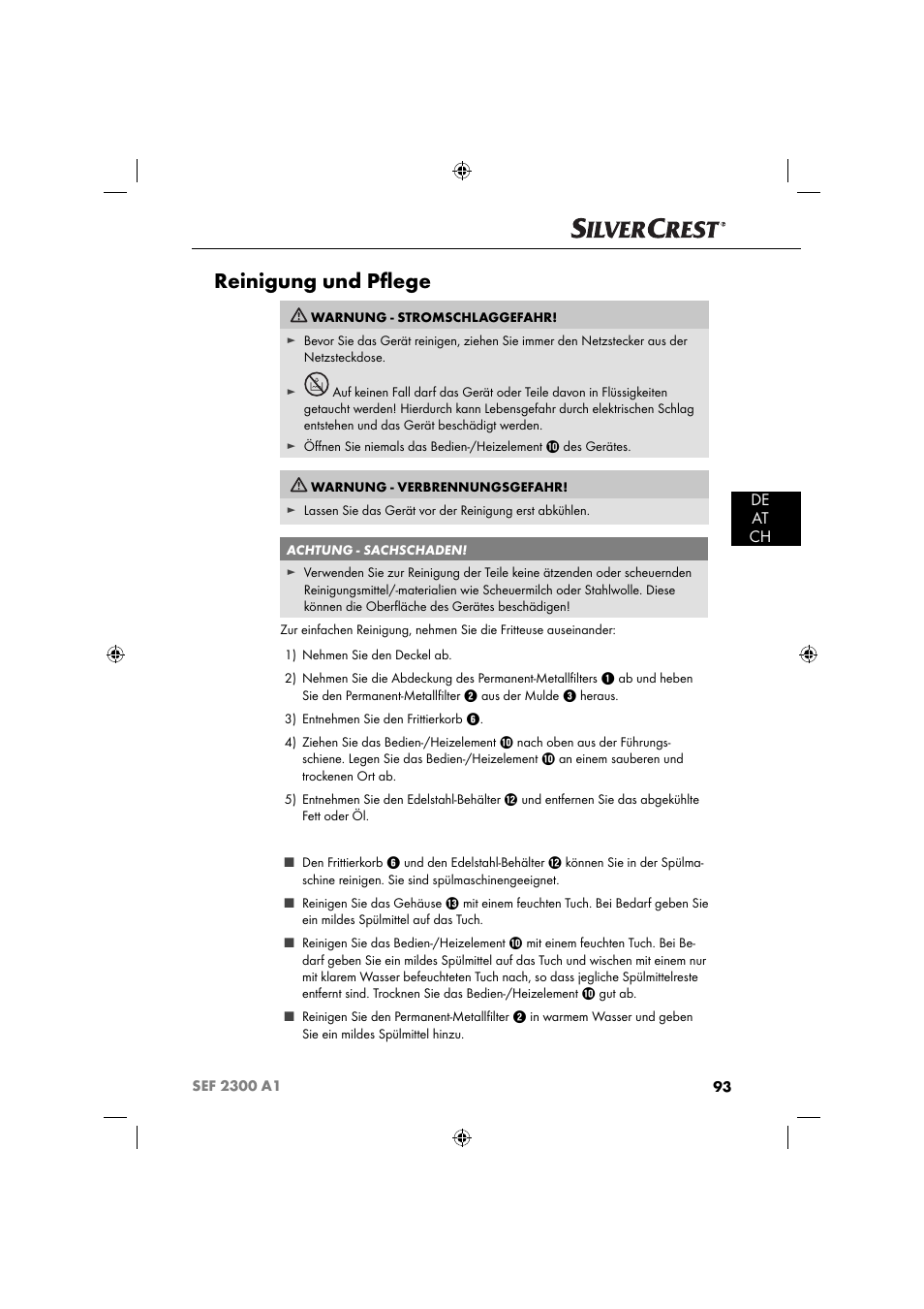 Reinigung und pﬂ ege, De at ch | Silvercrest SEF 2300 A1 User Manual | Page 96 / 104