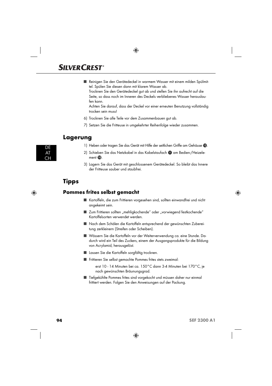 Lagerung, Tipps, Pommes frites selbst gemacht | De at ch | Silvercrest SEF 2300 A1 User Manual | Page 97 / 104