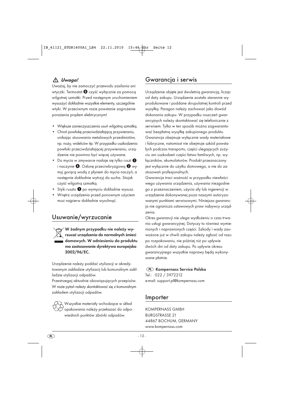Usuwanie/wyrzucanie, Gwarancja i serwis, Importer | Silvercrest STGR 1600 A1 User Manual | Page 14 / 44