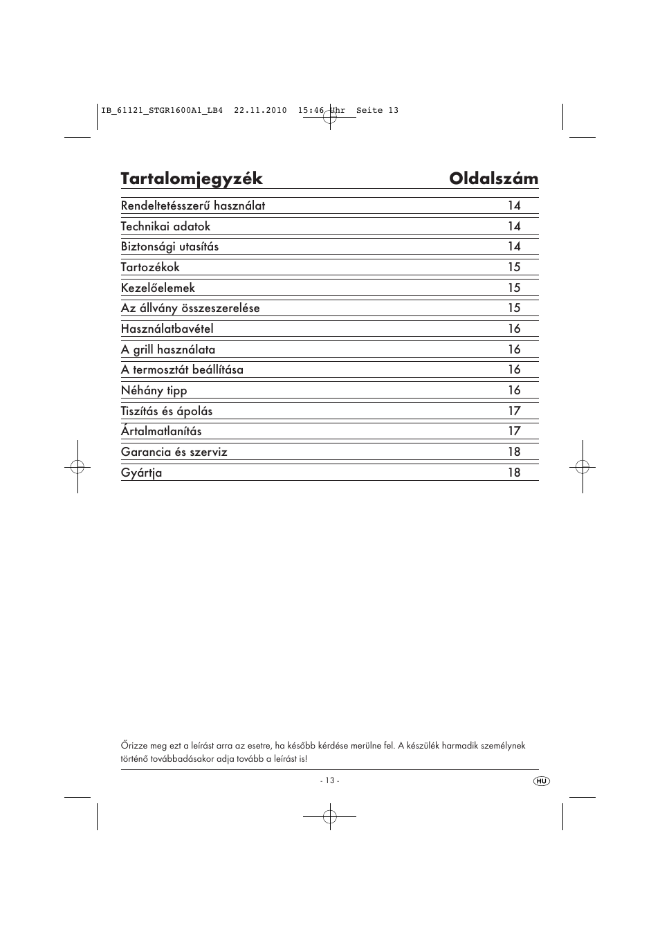 Tartalomjegyzék oldalszám | Silvercrest STGR 1600 A1 User Manual | Page 15 / 44