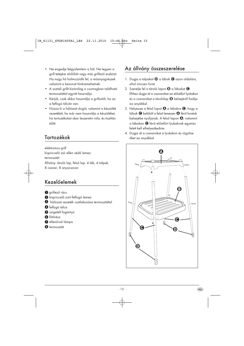 Tartozékok, Kezelőelemek, Az állvány összeszerelése | Silvercrest STGR 1600 A1 User Manual | Page 17 / 44