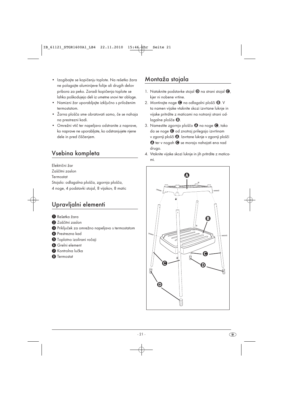 Vsebina kompleta, Upravljalni elementi, Montaža stojala | Silvercrest STGR 1600 A1 User Manual | Page 23 / 44