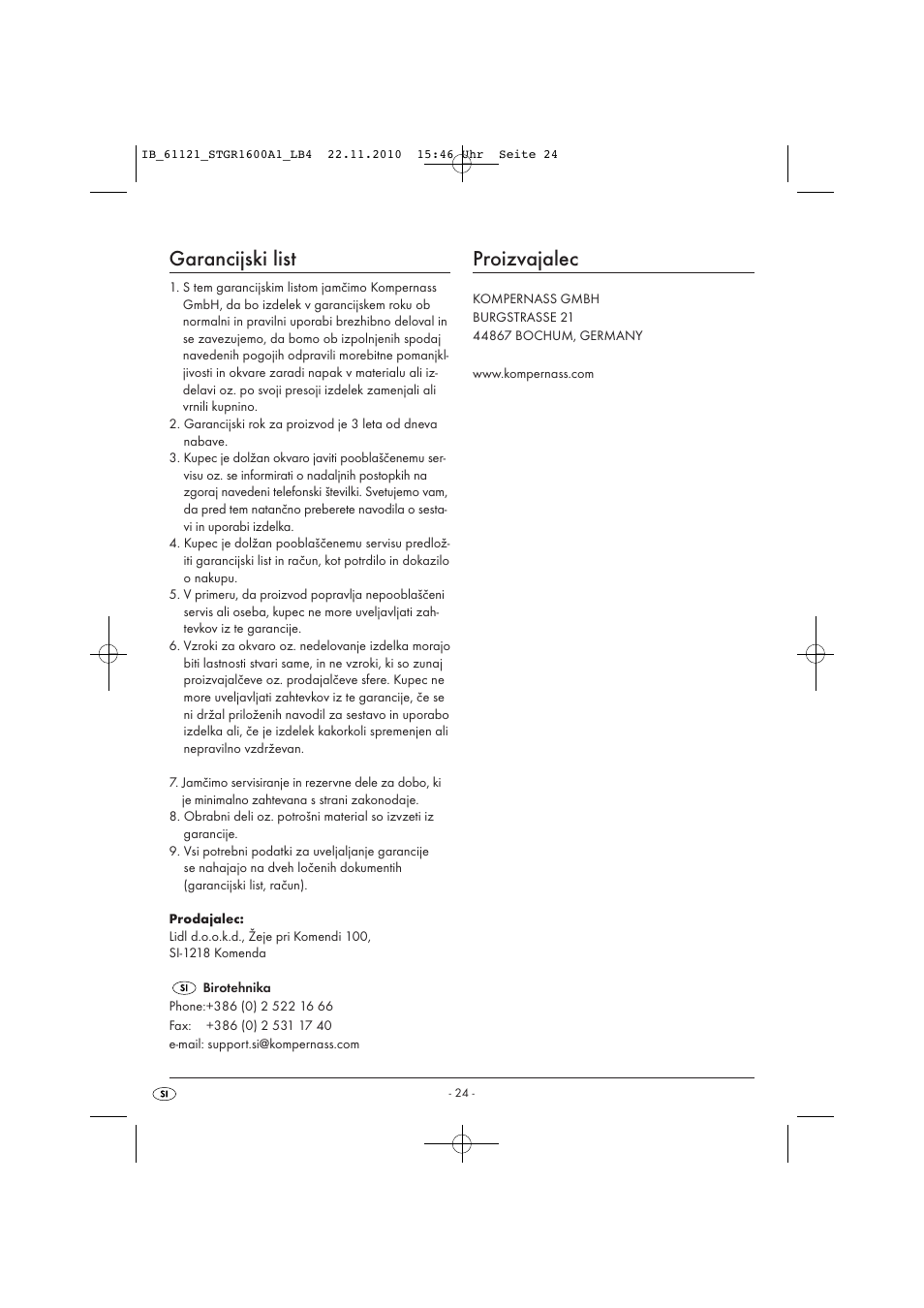 Garancijski list, Proizvajalec | Silvercrest STGR 1600 A1 User Manual | Page 26 / 44