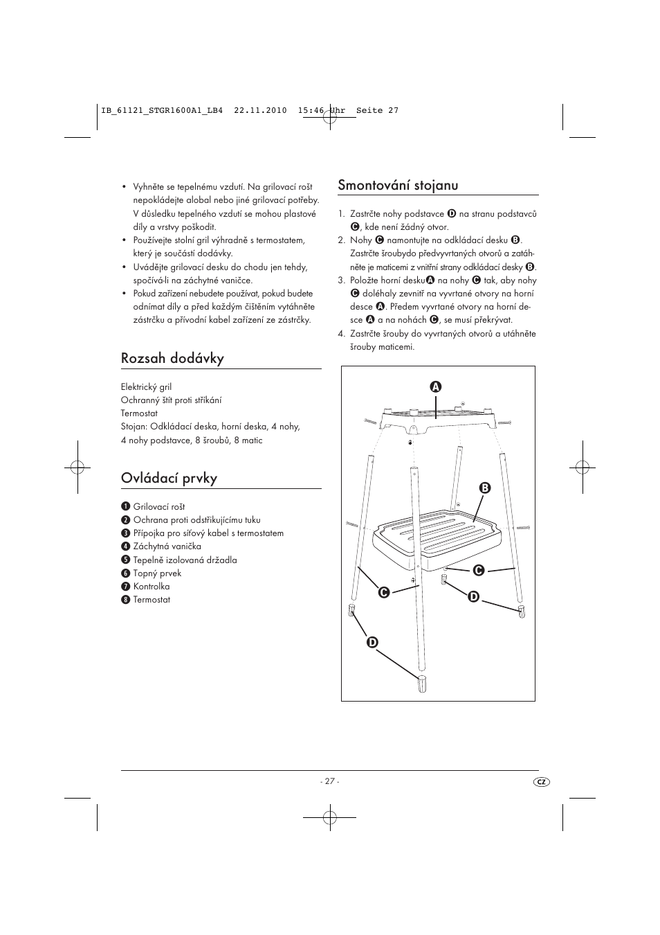 Rozsah dodávky, Ovládací prvky, Smontování stojanu | Silvercrest STGR 1600 A1 User Manual | Page 29 / 44