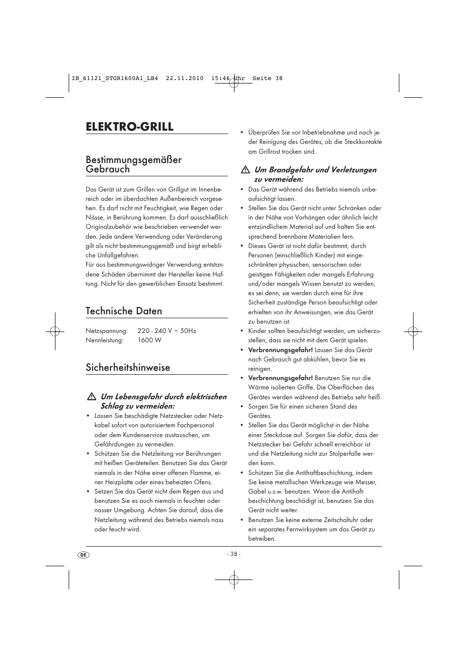 Elektro-grill, Bestimmungsgemäßer gebrauch, Technische daten | Sicherheitshinweise | Silvercrest STGR 1600 A1 User Manual | Page 40 / 44