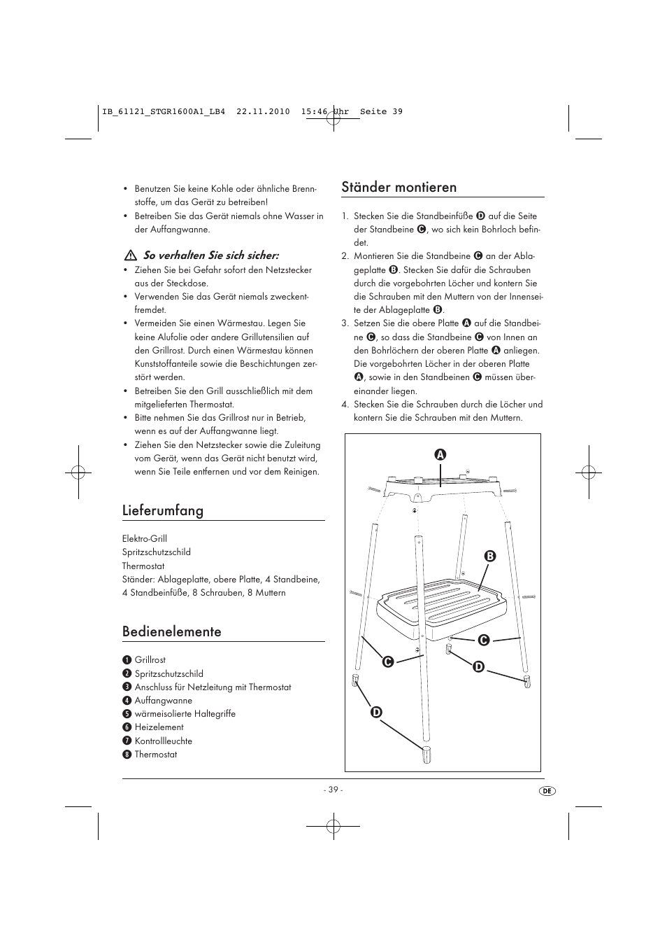 Lieferumfang, Bedienelemente, Ständer montieren | Silvercrest STGR 1600 A1 User Manual | Page 41 / 44