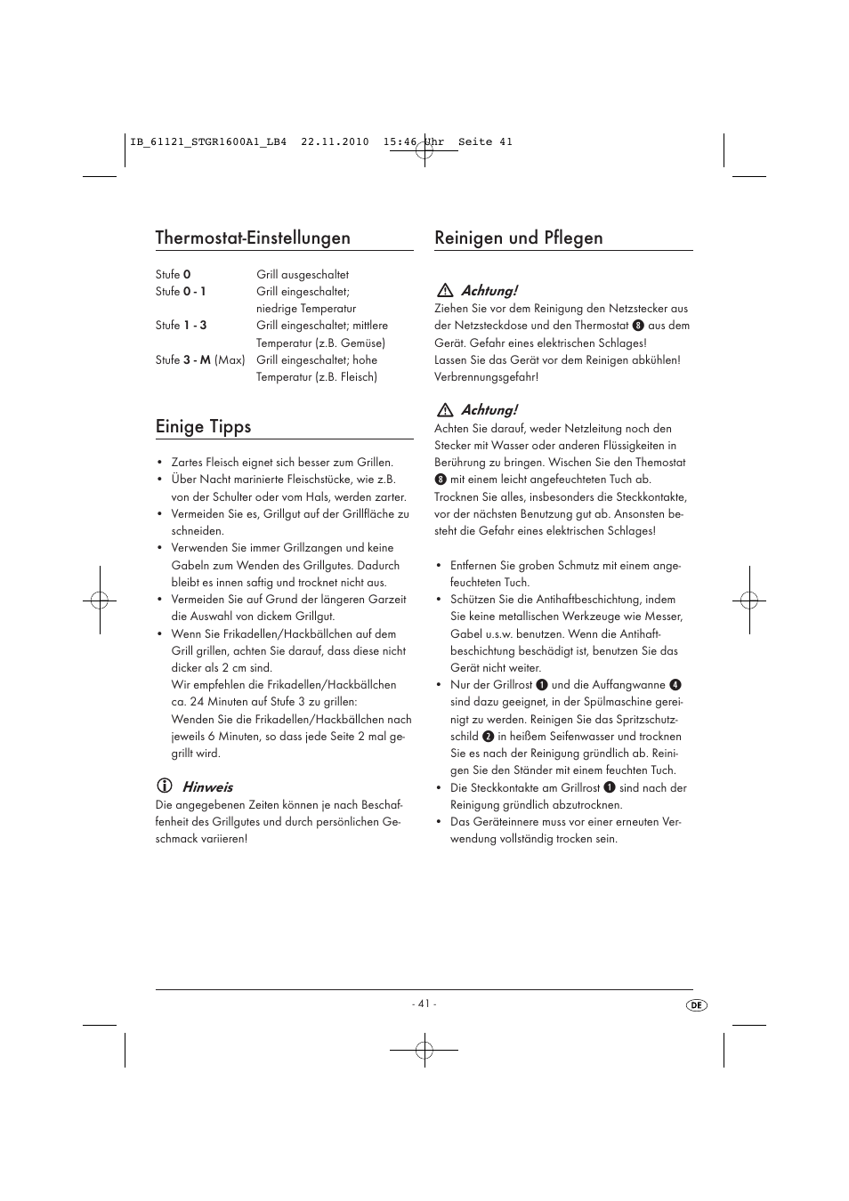 Thermostat-einstellungen, Einige tipps, Reinigen und pflegen | Hinweis, Achtung | Silvercrest STGR 1600 A1 User Manual | Page 43 / 44