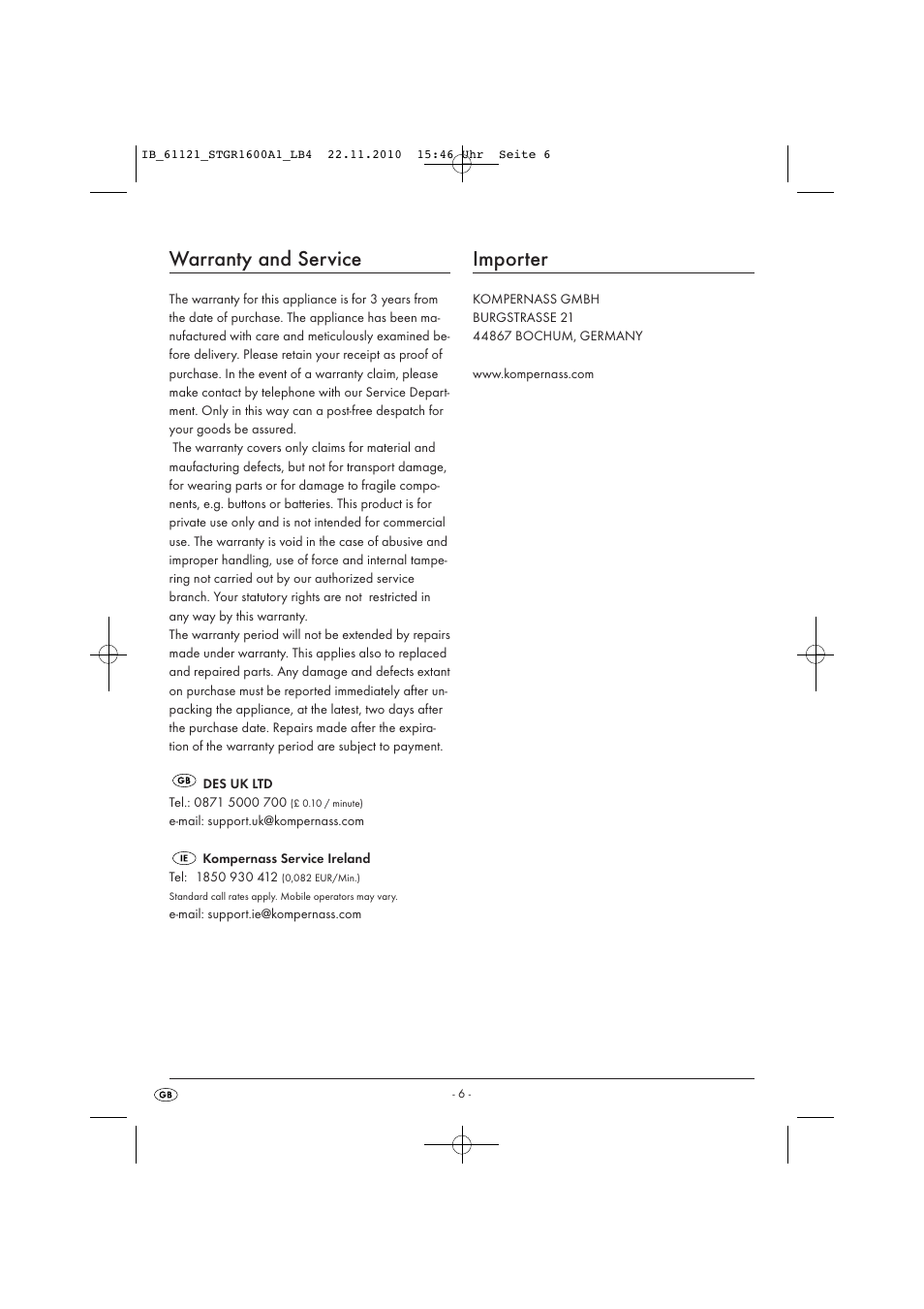 Warranty and service, Importer | Silvercrest STGR 1600 A1 User Manual | Page 8 / 44