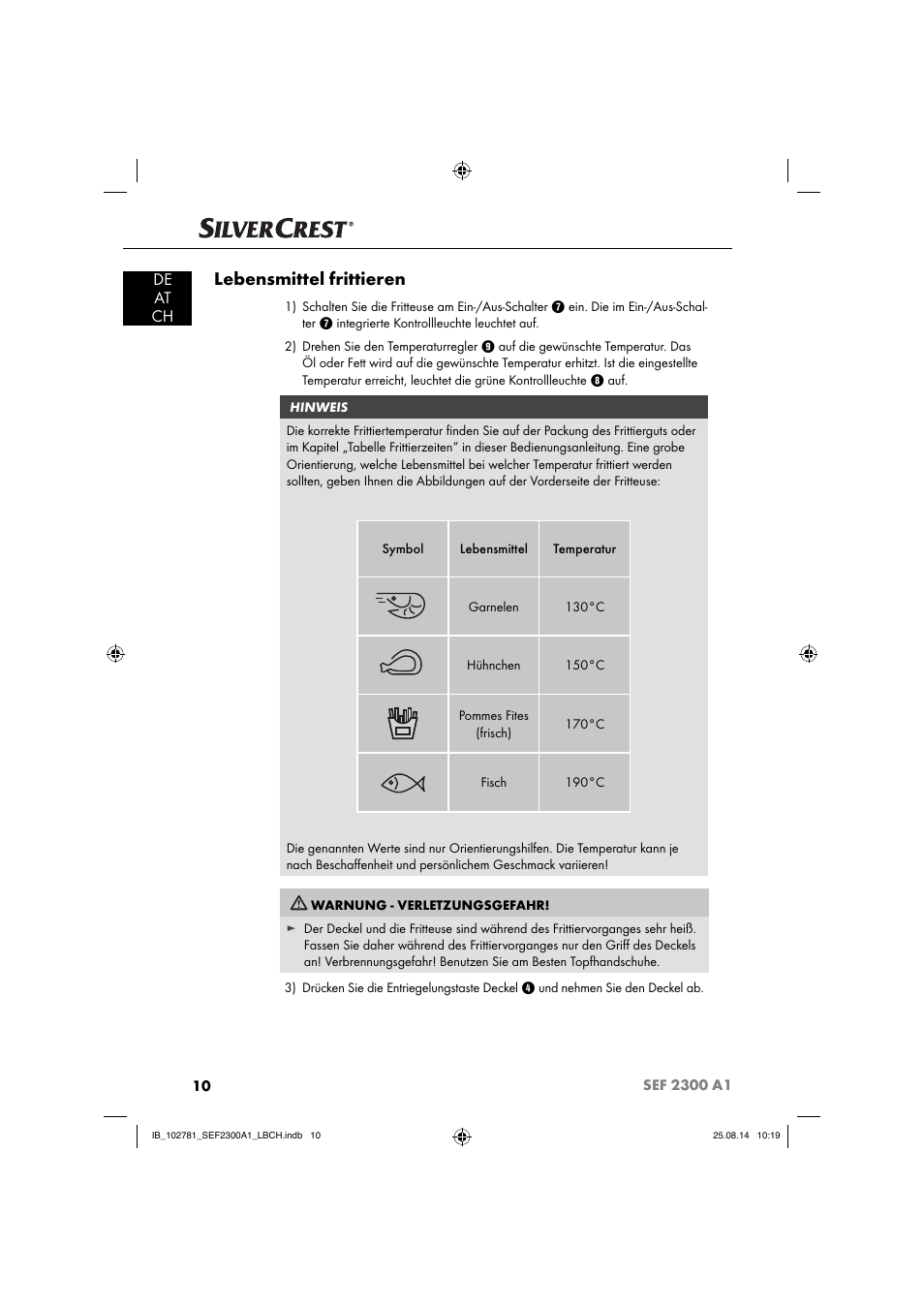 Lebensmittel frittieren, De at ch | Silvercrest SEF 2300 A1 User Manual | Page 13 / 84