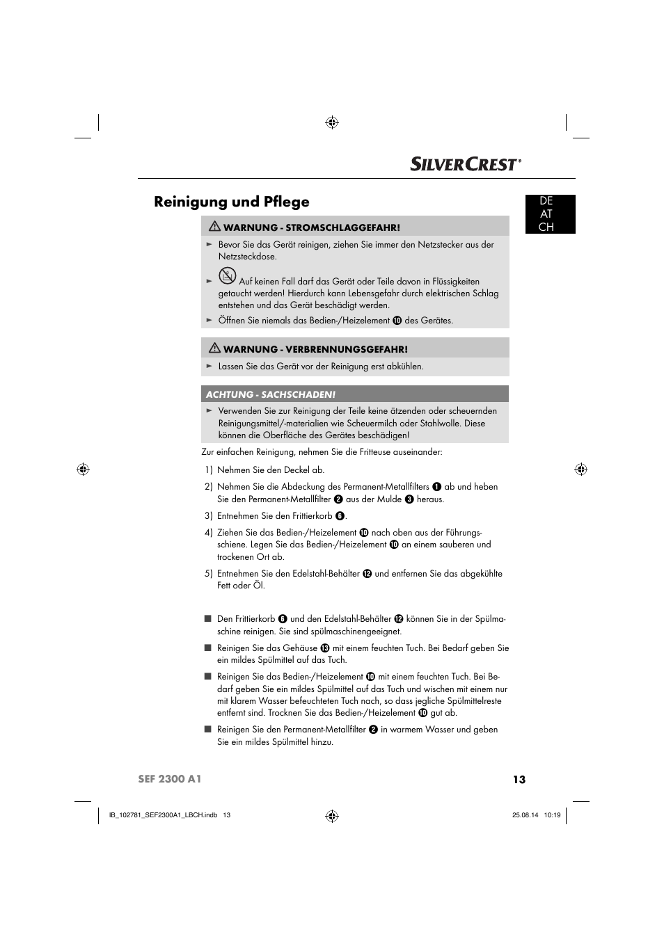 Reinigung und pﬂ ege, De at ch | Silvercrest SEF 2300 A1 User Manual | Page 16 / 84