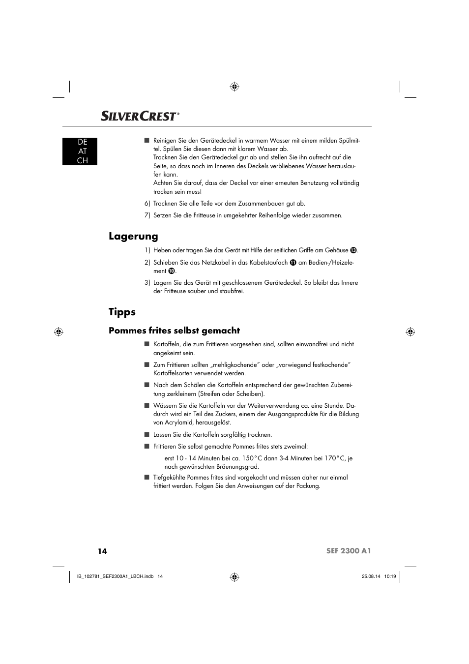 Lagerung, Tipps, Pommes frites selbst gemacht | De at ch | Silvercrest SEF 2300 A1 User Manual | Page 17 / 84