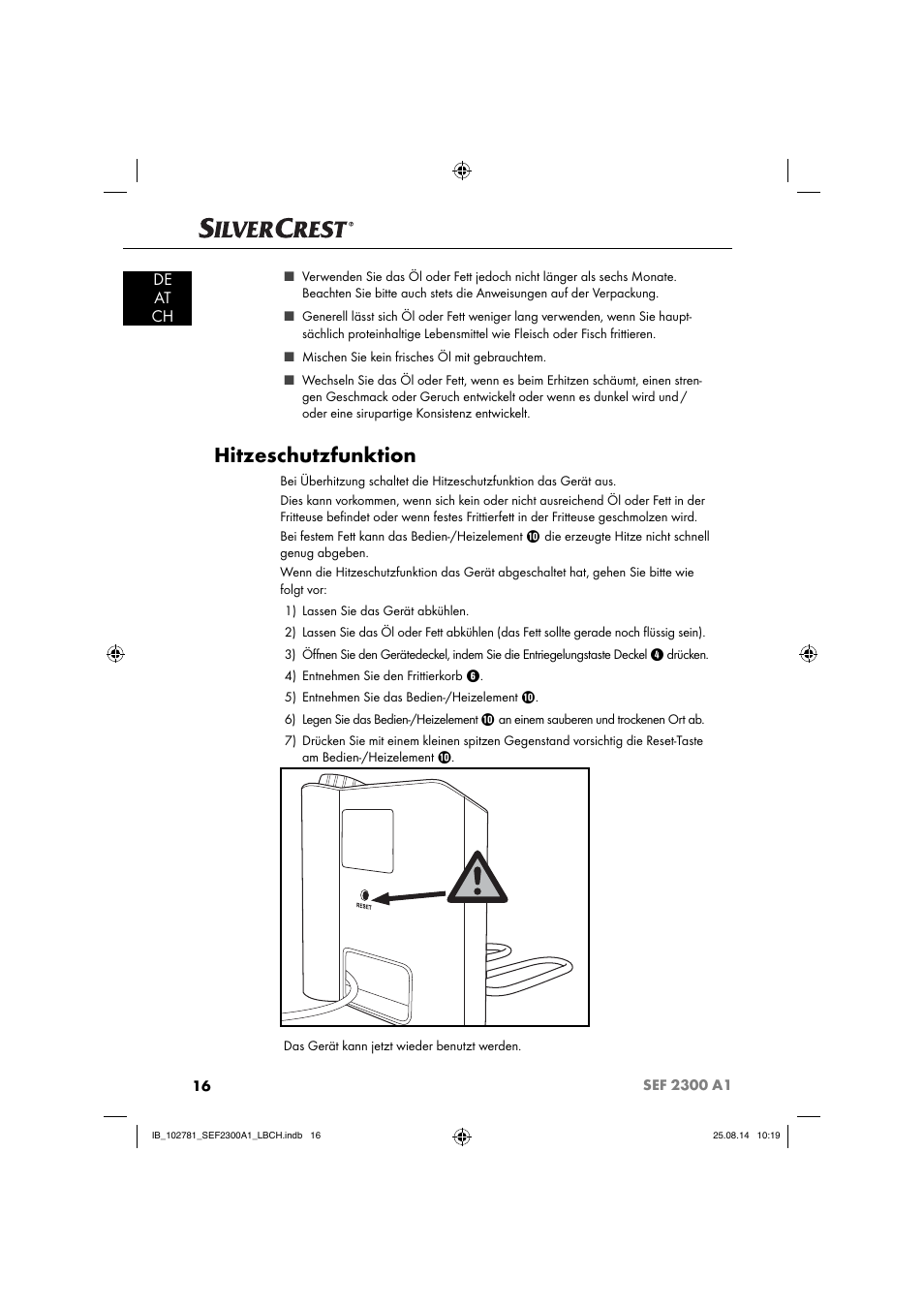 Hitzeschutzfunktion, De at ch | Silvercrest SEF 2300 A1 User Manual | Page 19 / 84