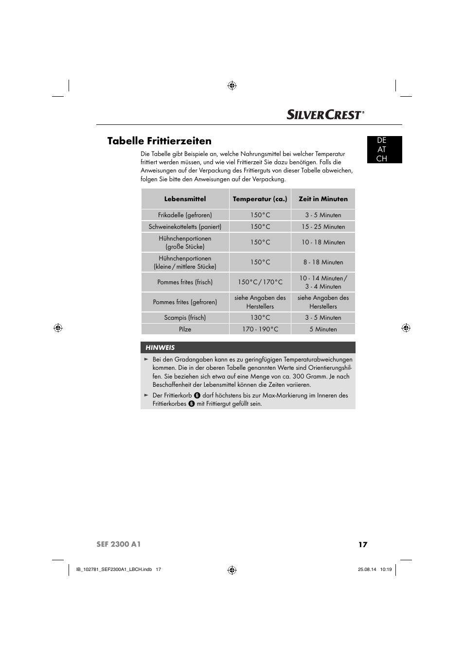 Tabelle frittierzeiten, De at ch | Silvercrest SEF 2300 A1 User Manual | Page 20 / 84