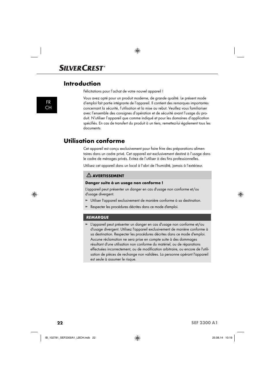 Introduction, Utilisation conforme, Fr ch | Silvercrest SEF 2300 A1 User Manual | Page 25 / 84