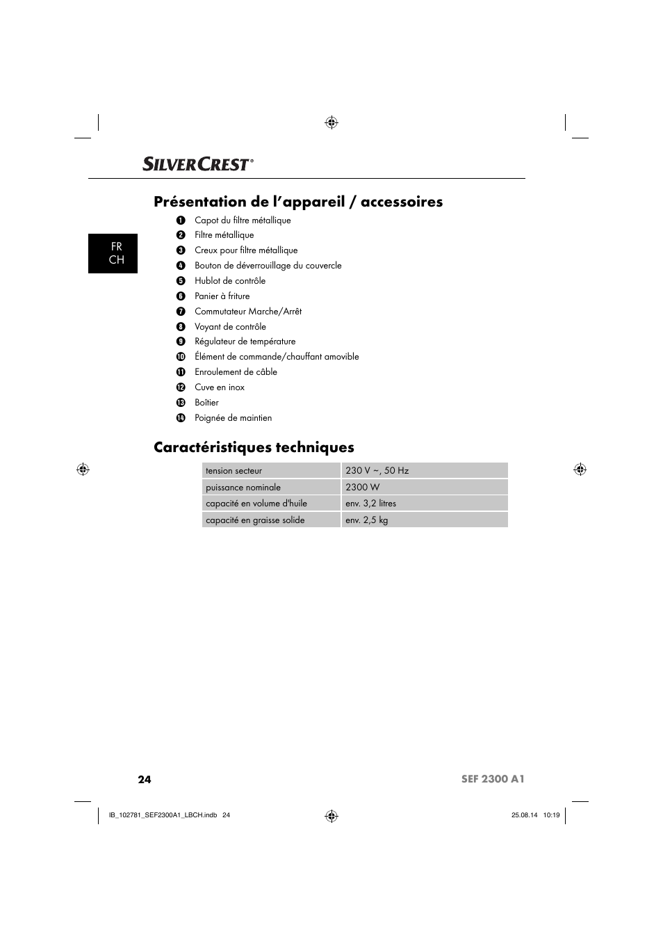 Présentation de l’appareil / accessoires, Caractéristiques techniques, Fr ch | Silvercrest SEF 2300 A1 User Manual | Page 27 / 84