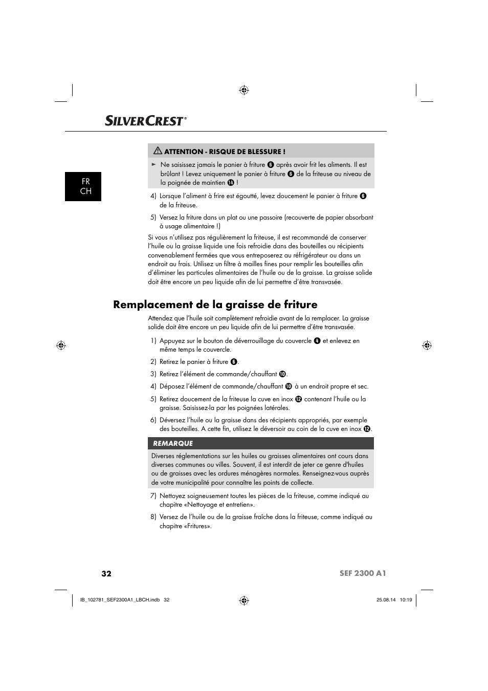 Remplacement de la graisse de friture, Fr ch | Silvercrest SEF 2300 A1 User Manual | Page 35 / 84