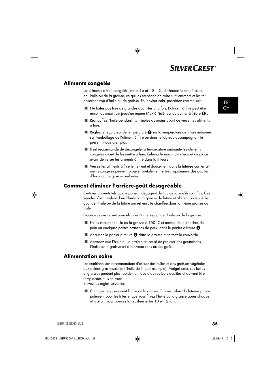 Aliments congelés, Comment éliminer l’arrière-goût désagréable, Alimentation saine | Fr ch | Silvercrest SEF 2300 A1 User Manual | Page 38 / 84