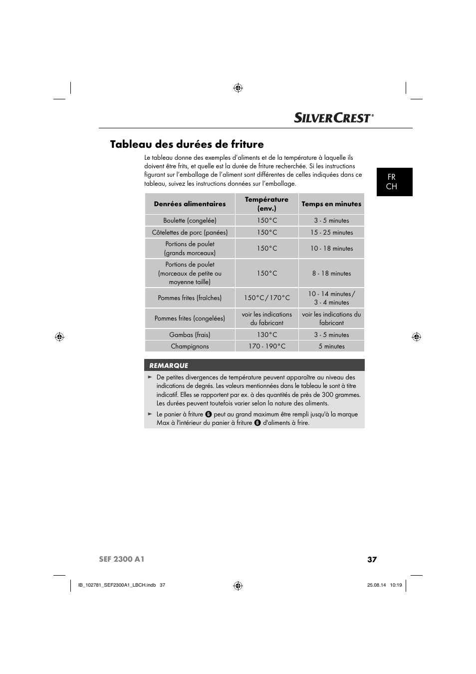 Tableau des durées de friture, Fr ch | Silvercrest SEF 2300 A1 User Manual | Page 40 / 84