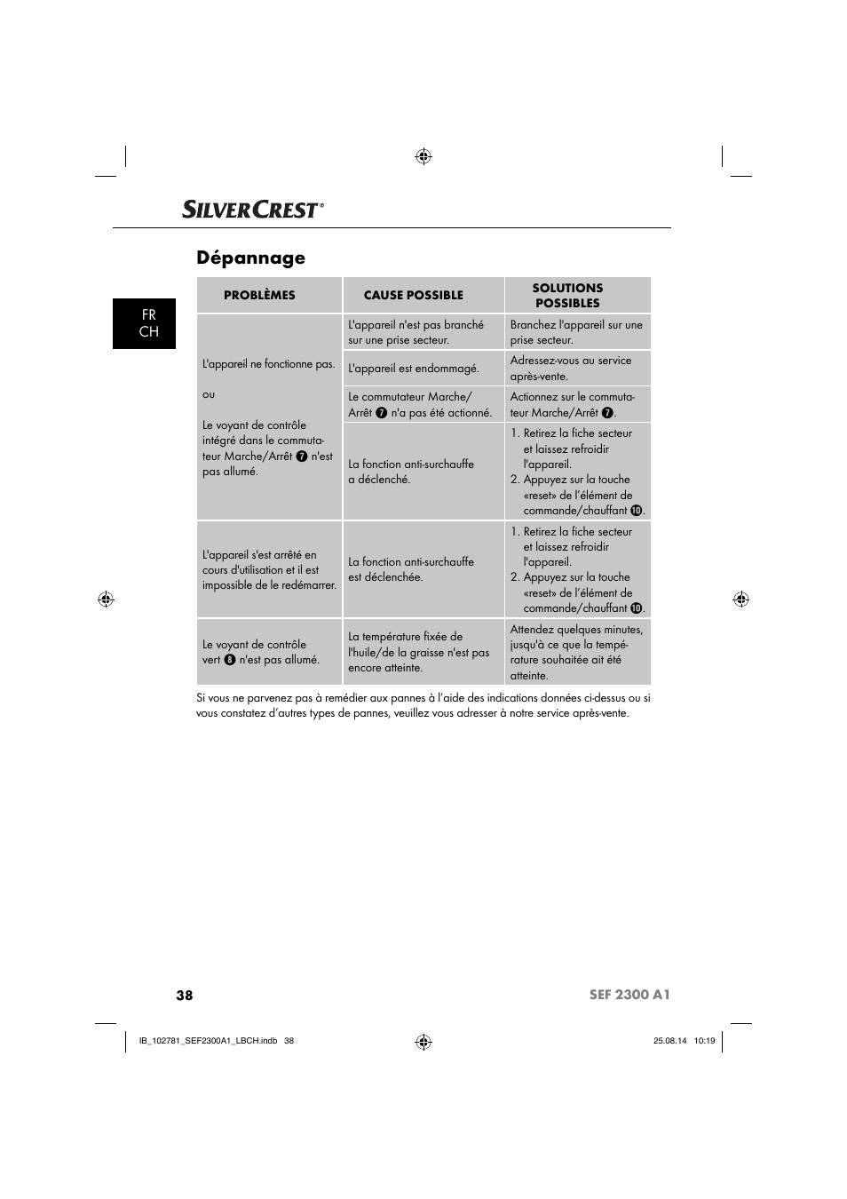 Dépannage, Fr ch | Silvercrest SEF 2300 A1 User Manual | Page 41 / 84
