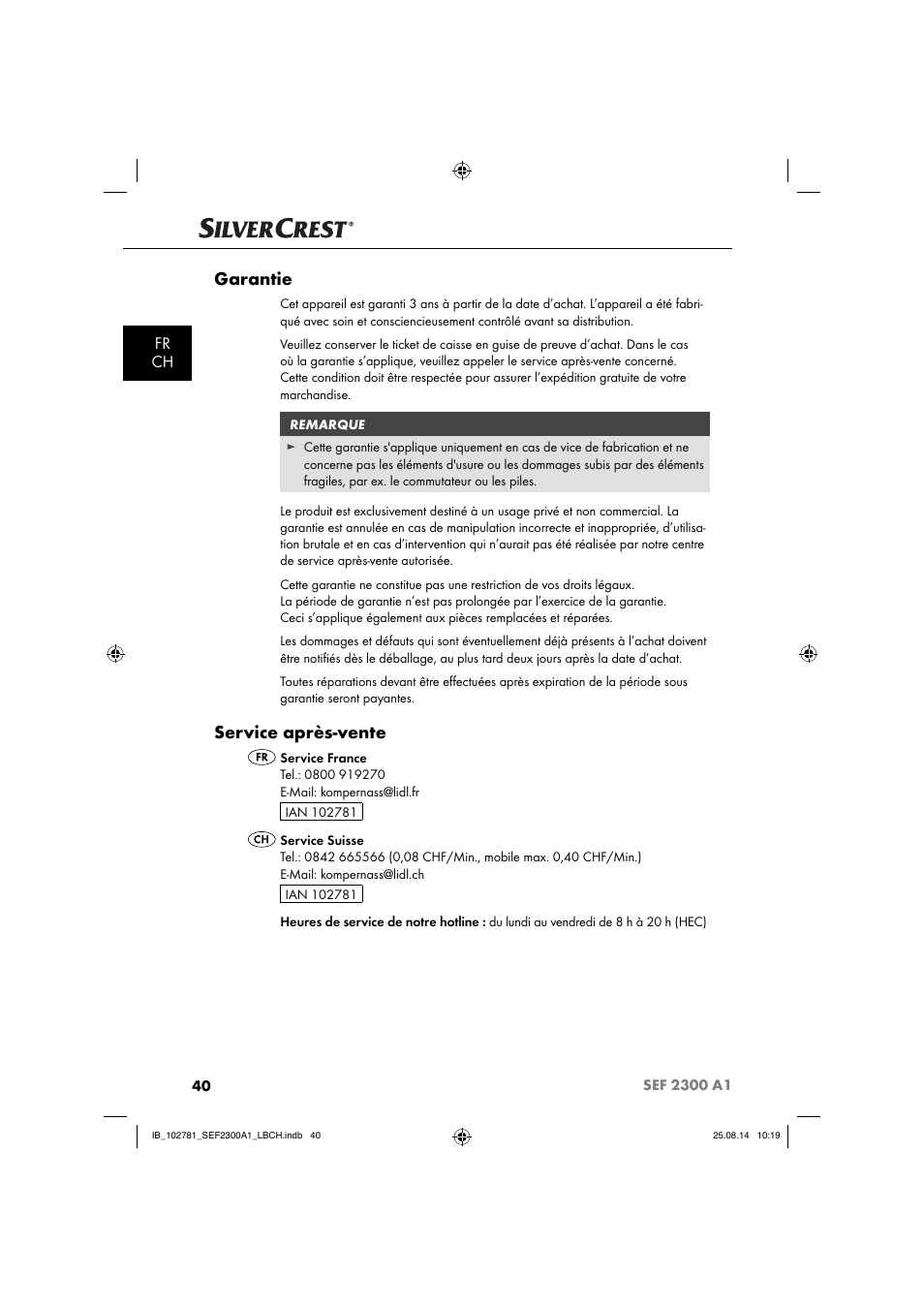 Garantie, Service après-vente, Fr ch | Silvercrest SEF 2300 A1 User Manual | Page 43 / 84