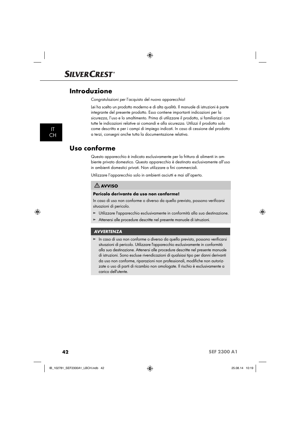 Introduzione, Uso conforme, It ch | Silvercrest SEF 2300 A1 User Manual | Page 45 / 84