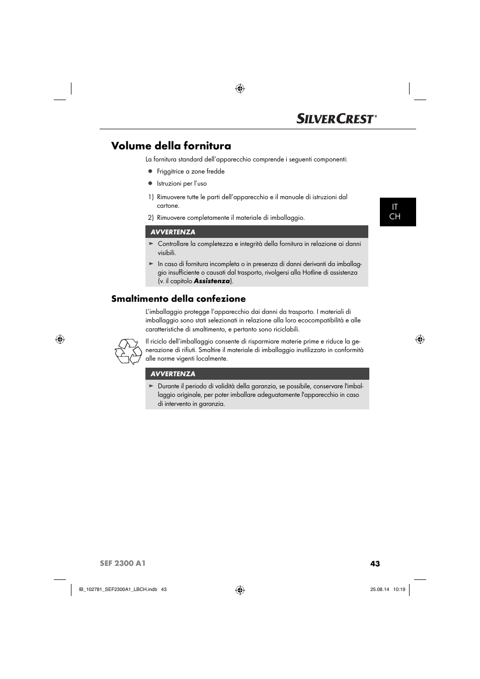 Volume della fornitura, Smaltimento della confezione, It ch | Silvercrest SEF 2300 A1 User Manual | Page 46 / 84