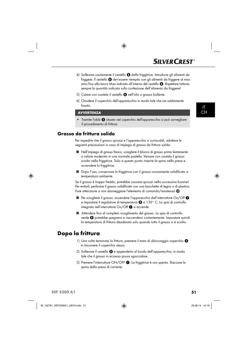 Dopo la frittura, Grasso da frittura solido, It ch | Silvercrest SEF 2300 A1 User Manual | Page 54 / 84