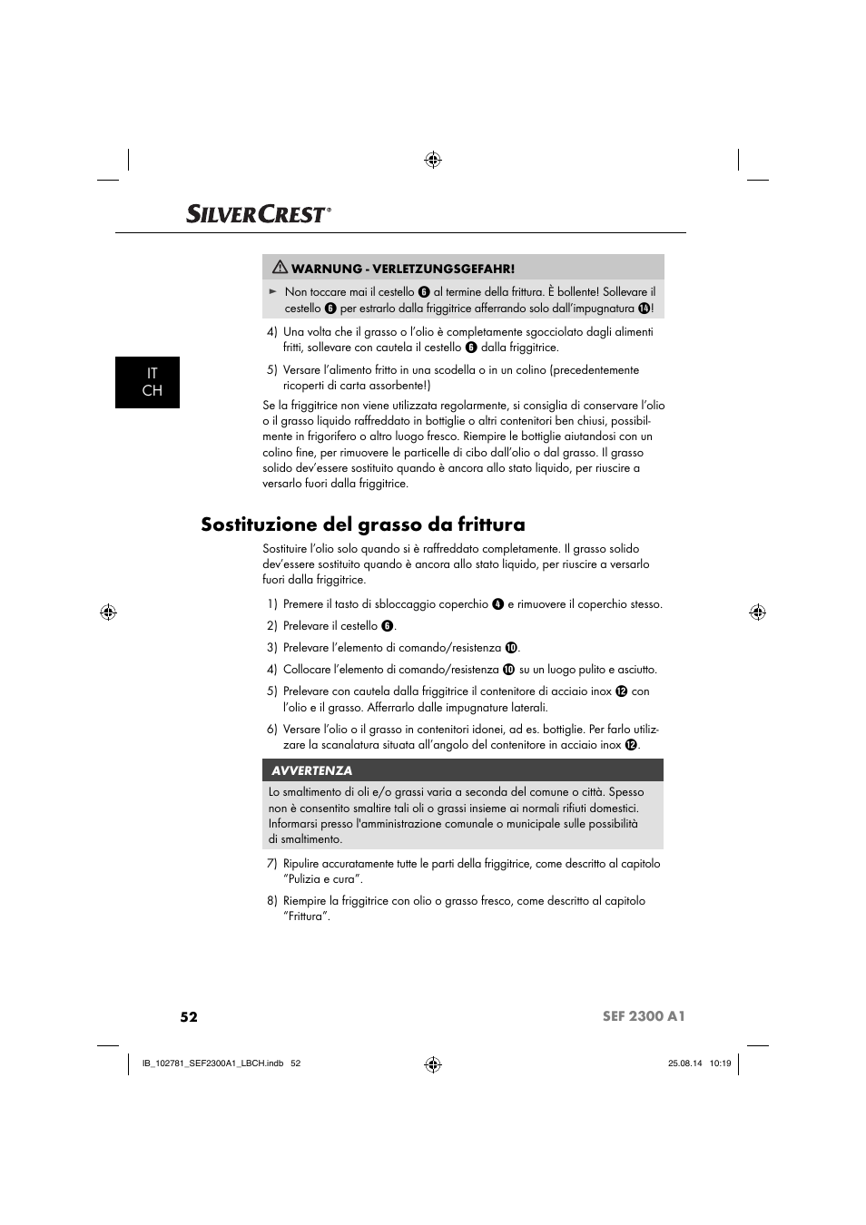 Sostituzione del grasso da frittura, It ch | Silvercrest SEF 2300 A1 User Manual | Page 55 / 84