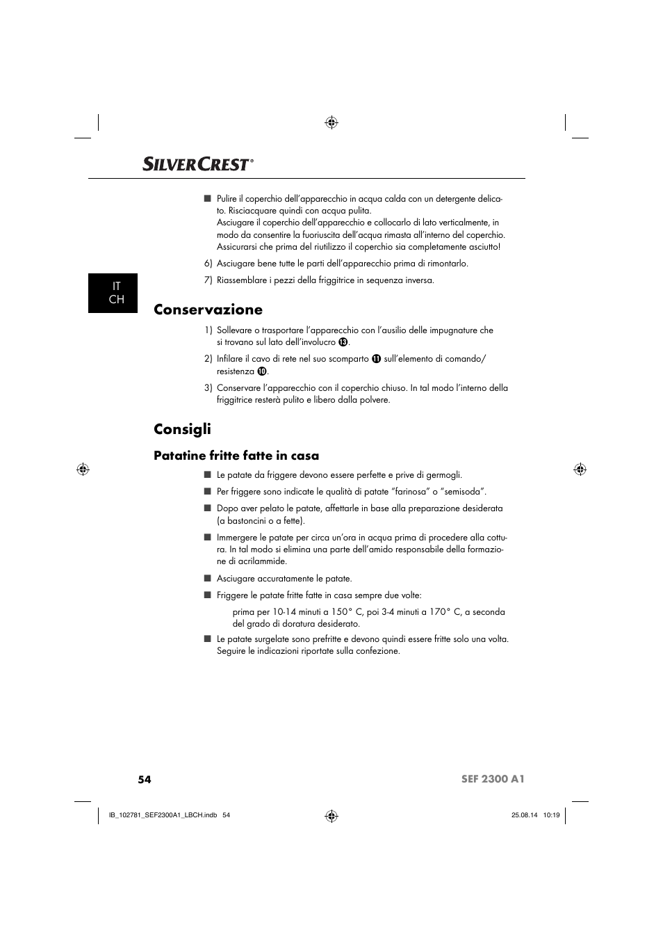 Conservazione, Consigli, Patatine fritte fatte in casa | It ch | Silvercrest SEF 2300 A1 User Manual | Page 57 / 84