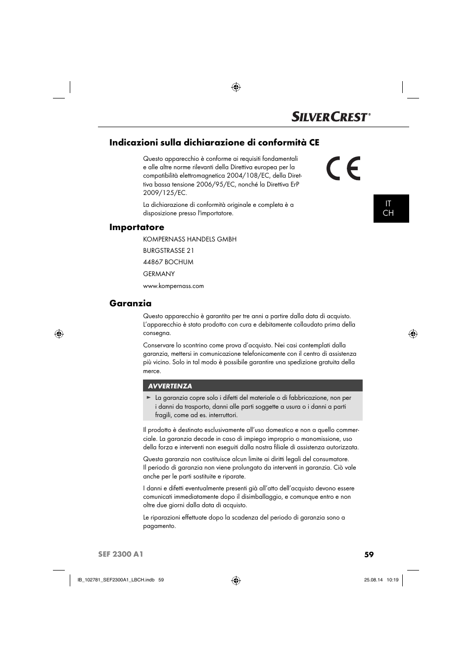 Indicazioni sulla dichiarazione di conformità ce, Importatore, Garanzia | It ch | Silvercrest SEF 2300 A1 User Manual | Page 62 / 84