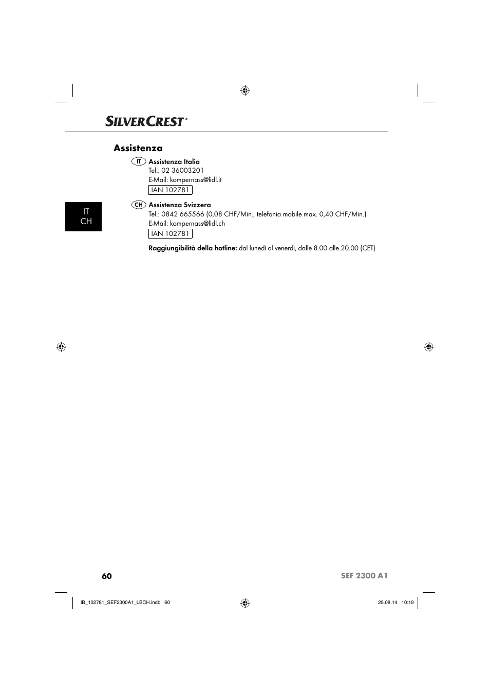 Assistenza, It ch | Silvercrest SEF 2300 A1 User Manual | Page 63 / 84