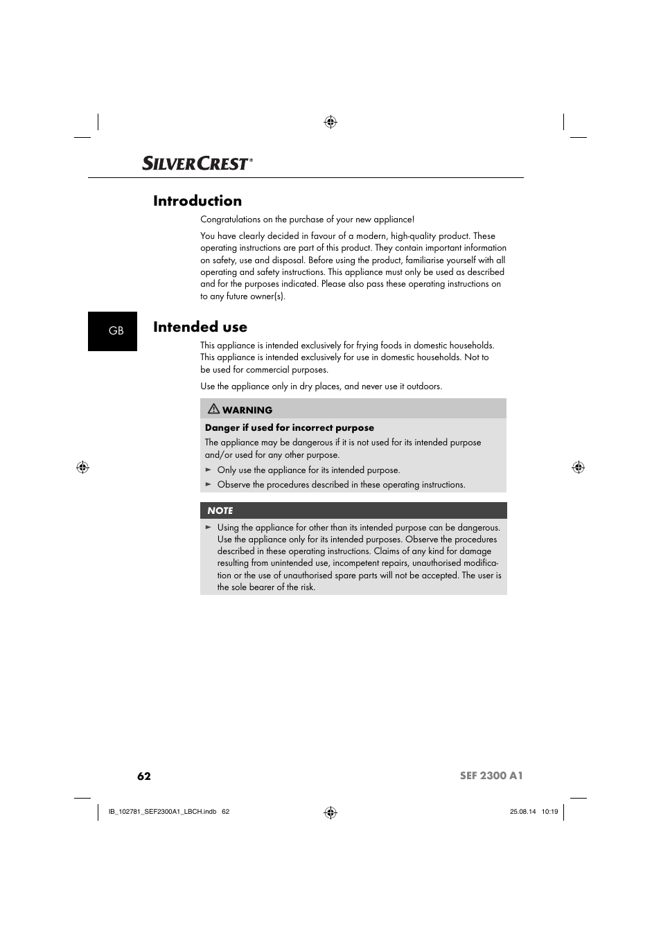 Introduction, Intended use | Silvercrest SEF 2300 A1 User Manual | Page 65 / 84