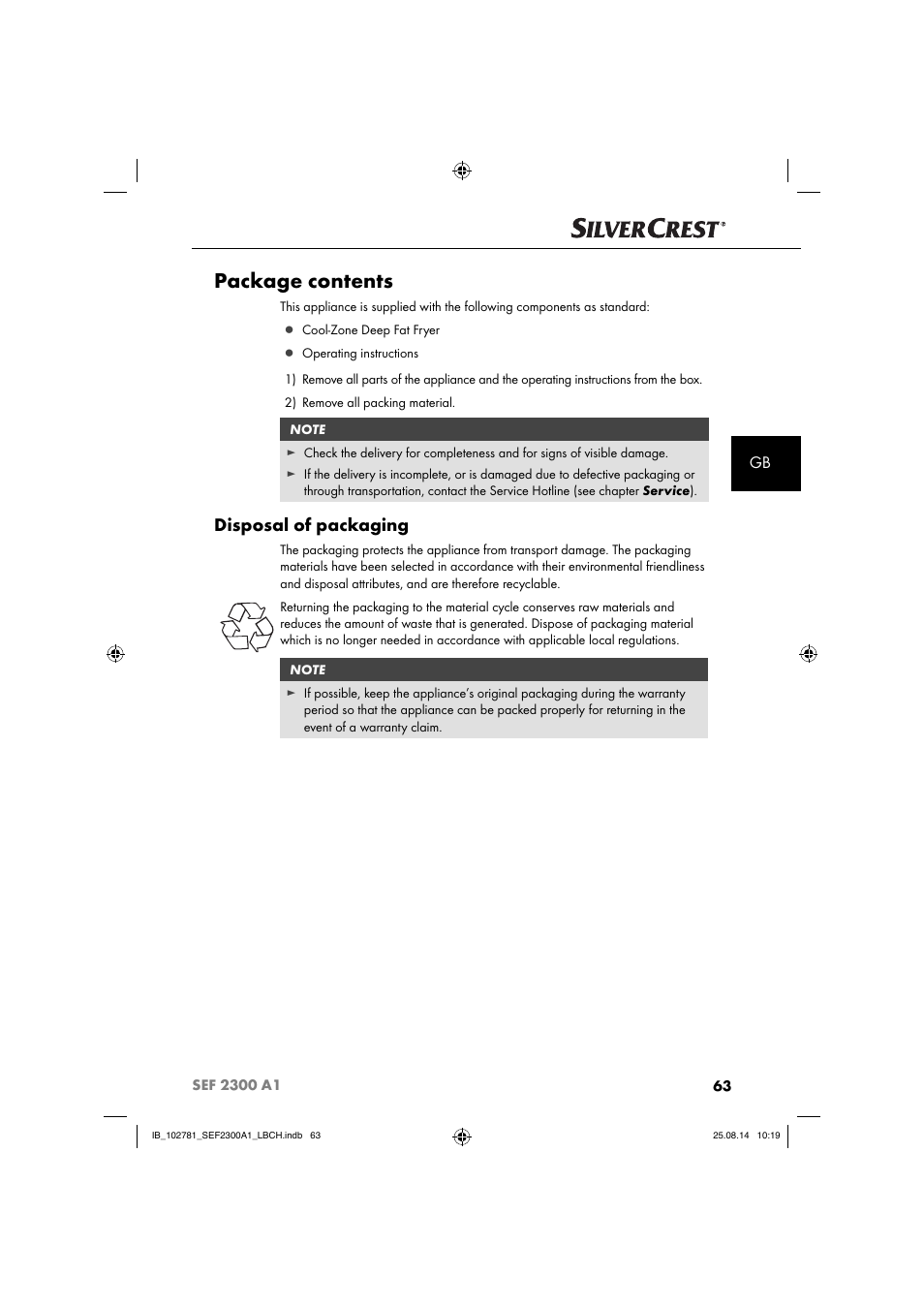 Package contents, Disposal of packaging | Silvercrest SEF 2300 A1 User Manual | Page 66 / 84