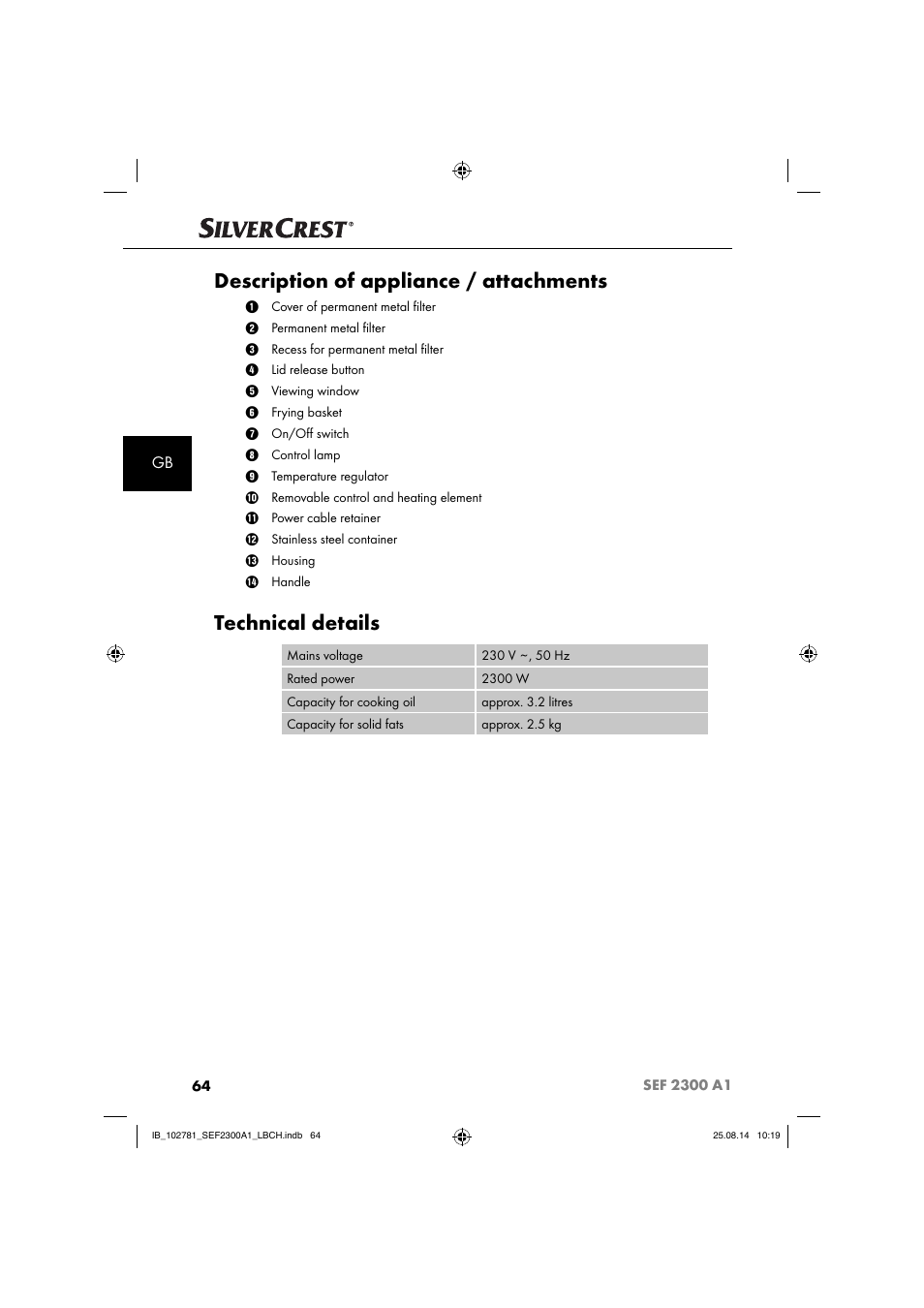 Description of appliance / attachments, Technical details | Silvercrest SEF 2300 A1 User Manual | Page 67 / 84