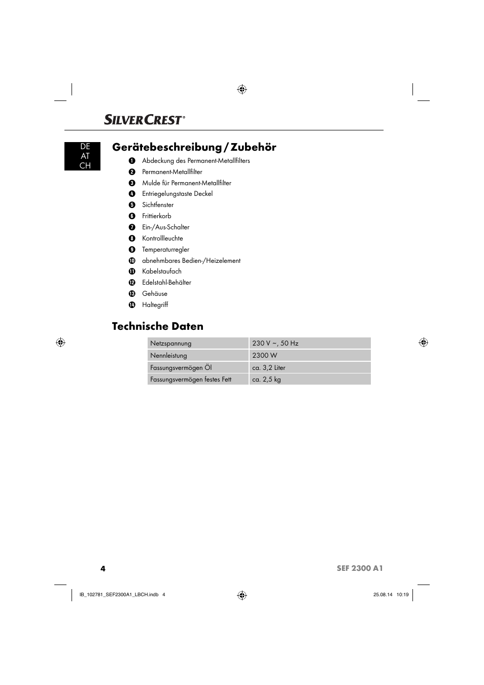 Gerätebeschreibung / zubehör, Technische daten, De at ch | Silvercrest SEF 2300 A1 User Manual | Page 7 / 84