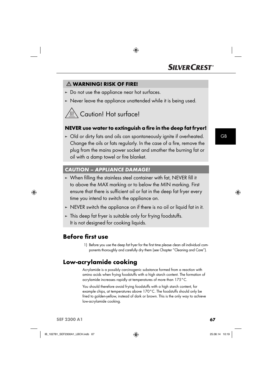 Caution! hot surface, Before ﬁ rst use, Low-acrylamide cooking | Warning! risk of fire, Do not use the appliance near hot surfaces | Silvercrest SEF 2300 A1 User Manual | Page 70 / 84
