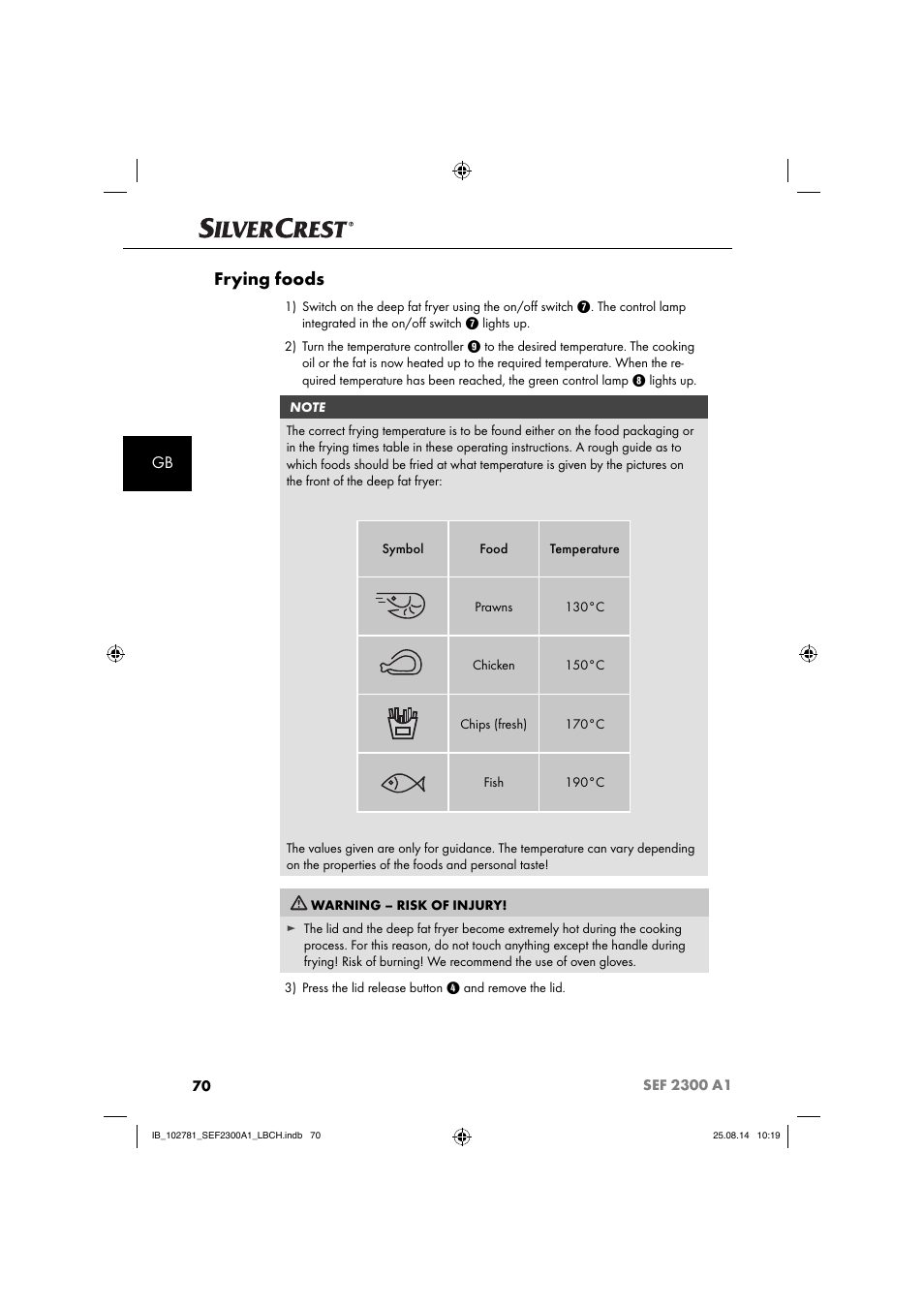 Frying foods | Silvercrest SEF 2300 A1 User Manual | Page 73 / 84