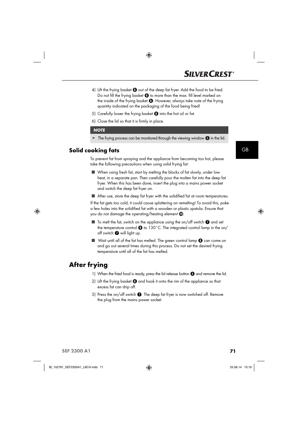 After frying, Solid cooking fats | Silvercrest SEF 2300 A1 User Manual | Page 74 / 84